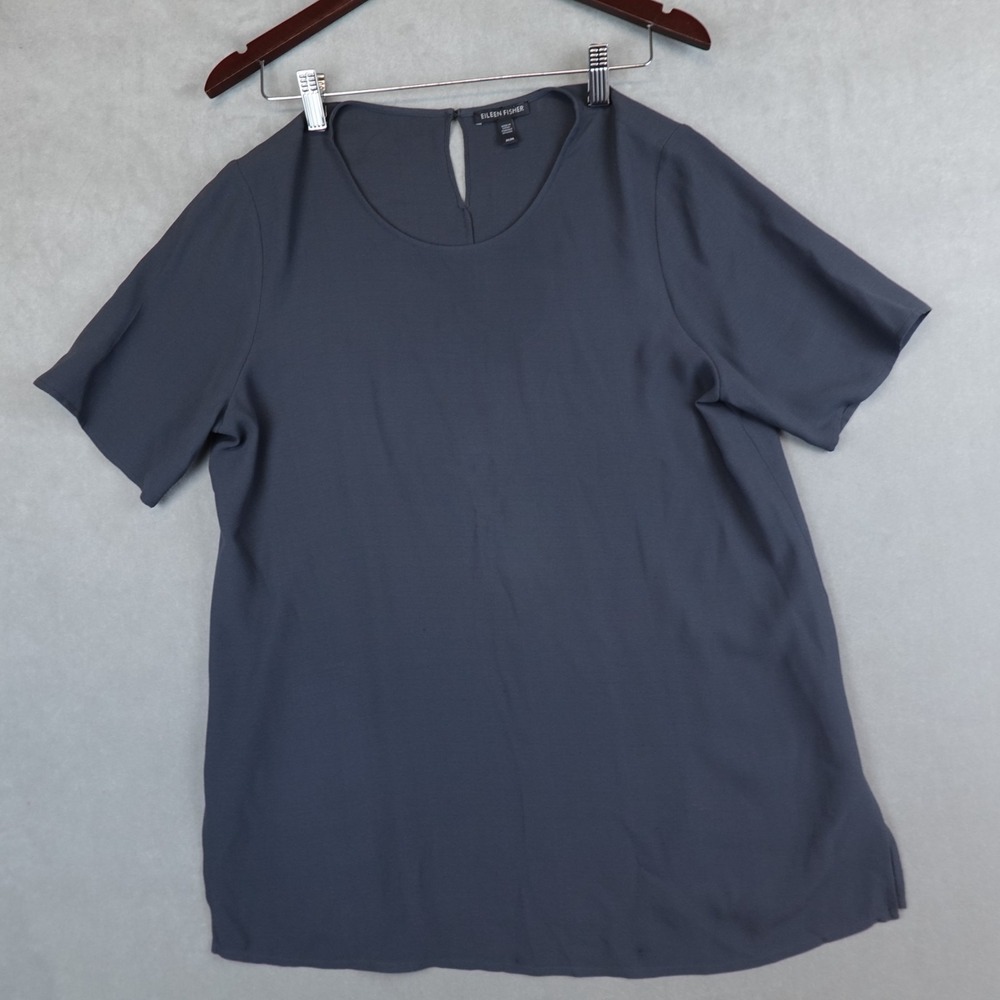 Eileen Fisher Top 100% Silk Crepe Tunic Black Ash Size Medium Keyhole Shirt